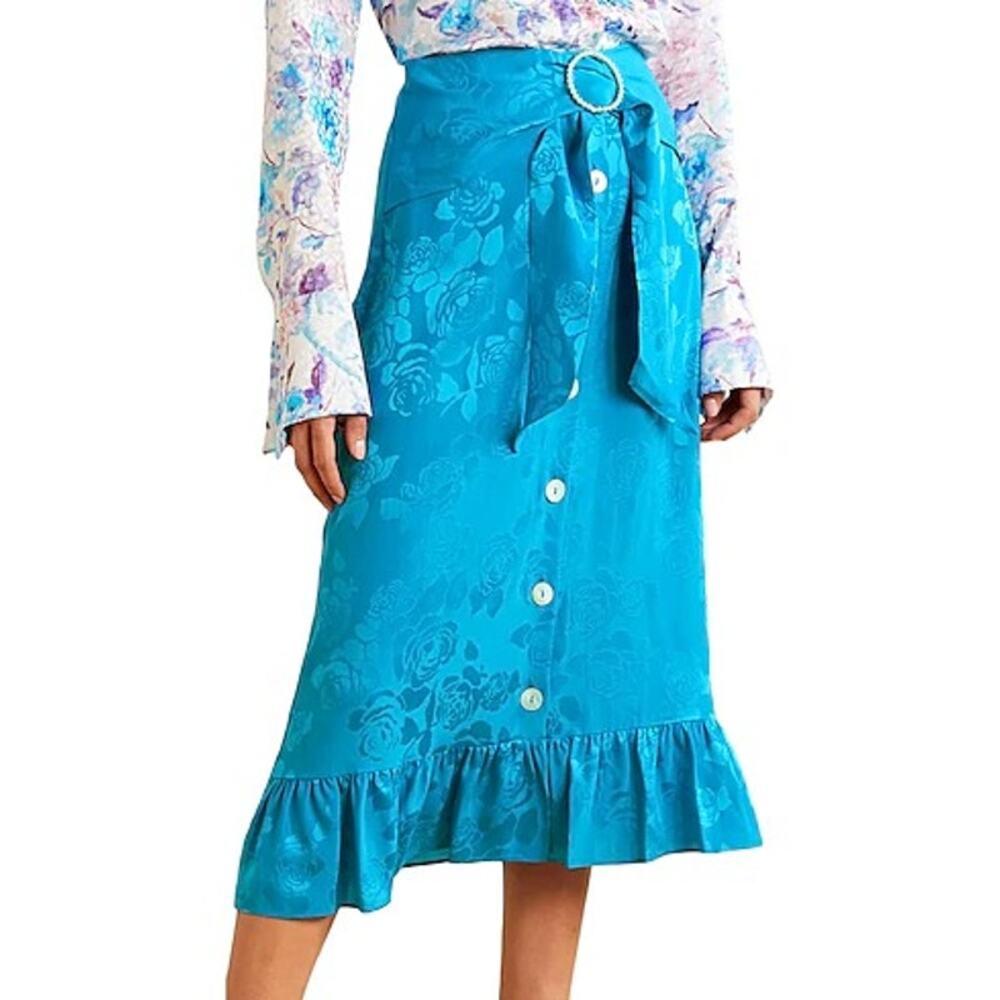 Art Dealer Floral Midi Skirt Silk Blend Satin Ruffle Hem Turquoise Size Medium